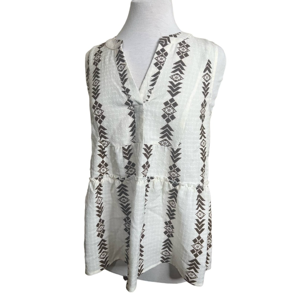 Blu Pepper Southwestern Geometric print Tiered Sleeveless Blouse Womens S Cream